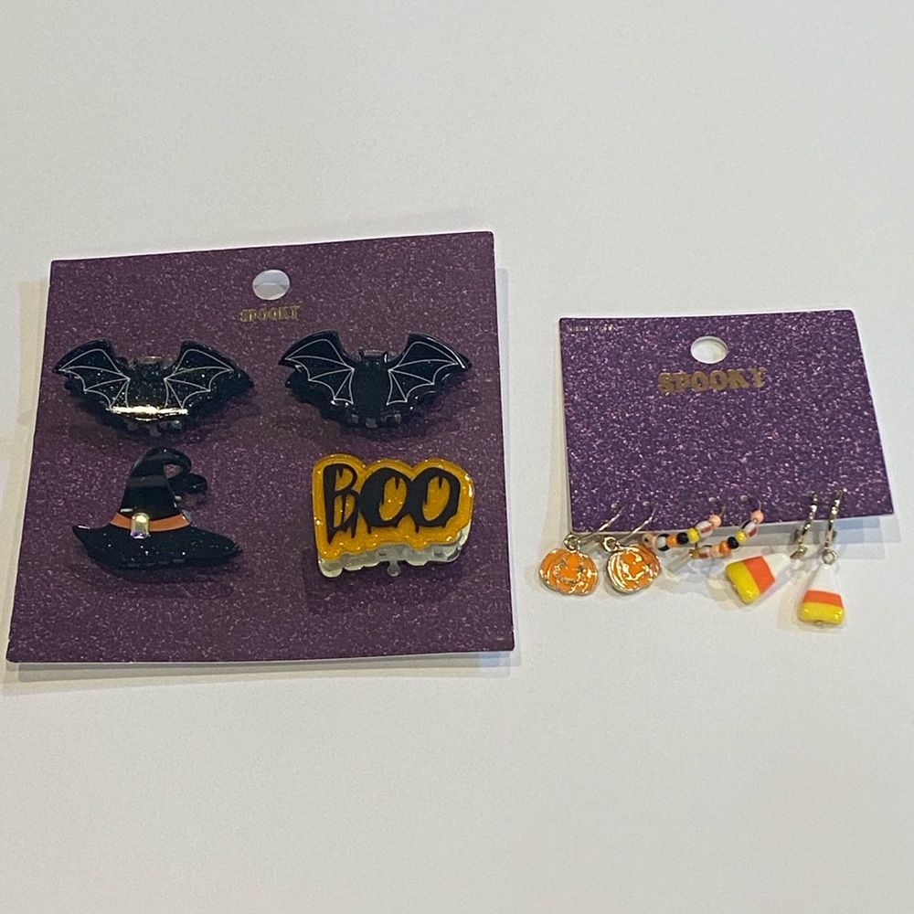Bundle of Spooky brand Halloween 3-pk Loop Earrings + 4-pk Small Hair Clips NWT